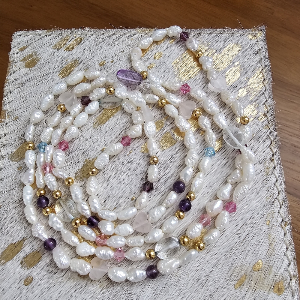 Pastel Mixed Gemstone & Freshwater Pearl Rope Necklace - 34" Endless Strand